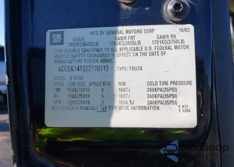 2003 Chevrolet Silverado 1500 Ls z USA, uszkodzony, nr VIN 1GCEK14T03Z178713